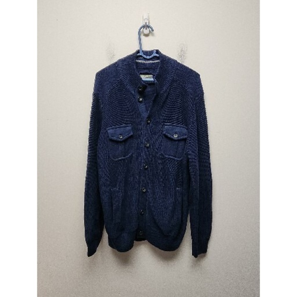 John Bartlett Consensus Cottom Knit Blue Button Cardigan Sweater Men's L Elbow